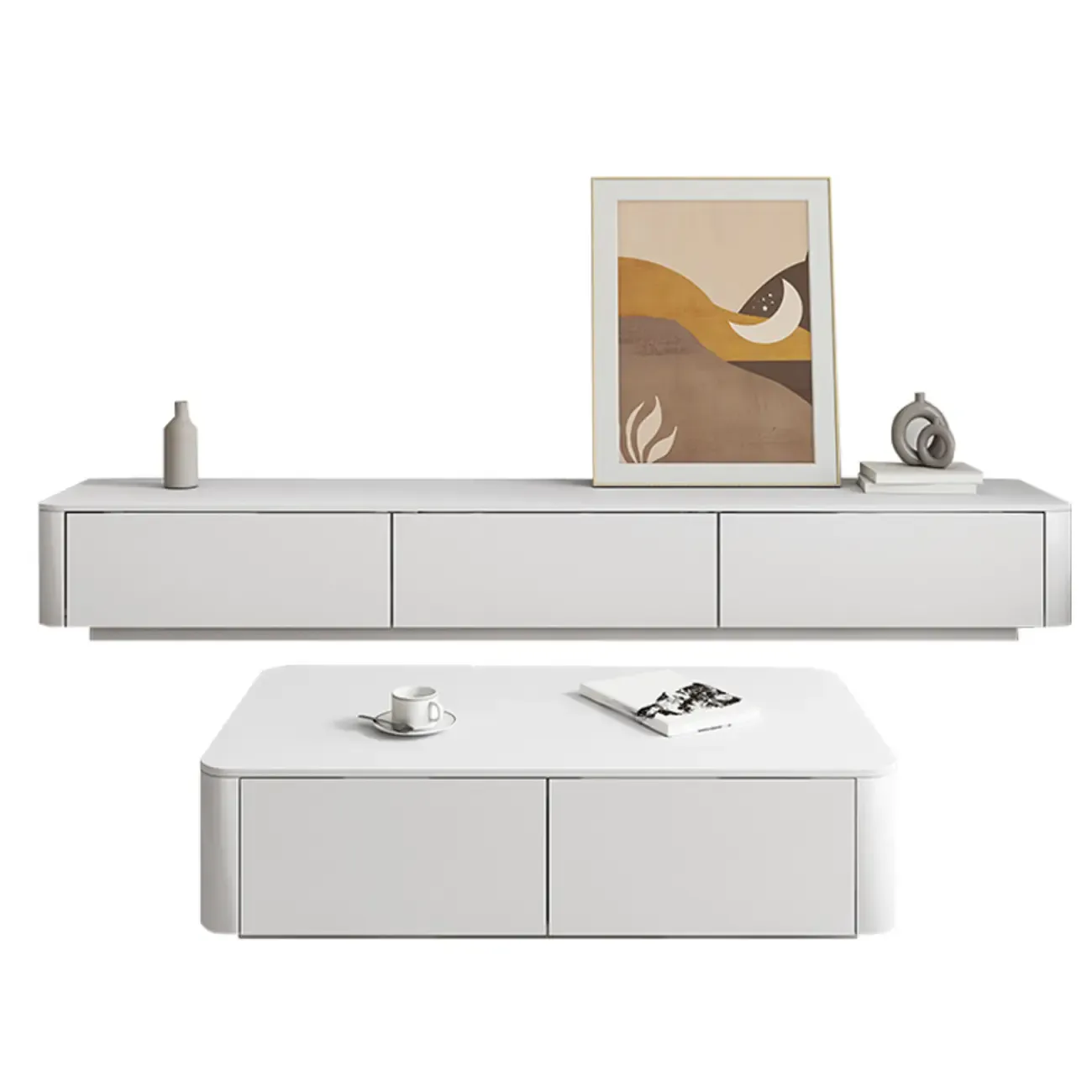 Modern White Wooden Long TV Stand with Drawers