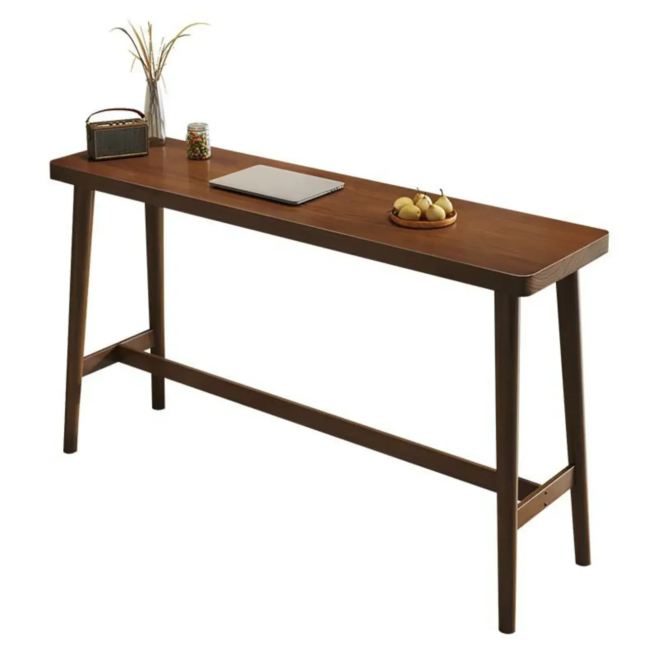 Modern Sleek Wooden Rectangular Pub Bar Table with Footrest for Living Room