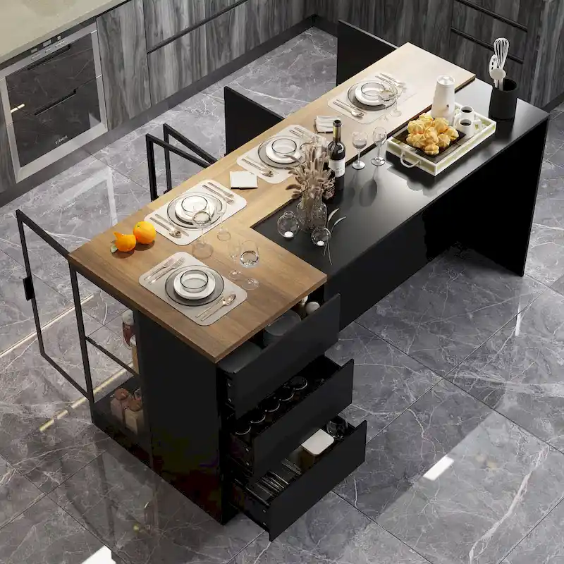 Kitchen Island with Drawers & Glass Cabinets, Converts to Office Desk