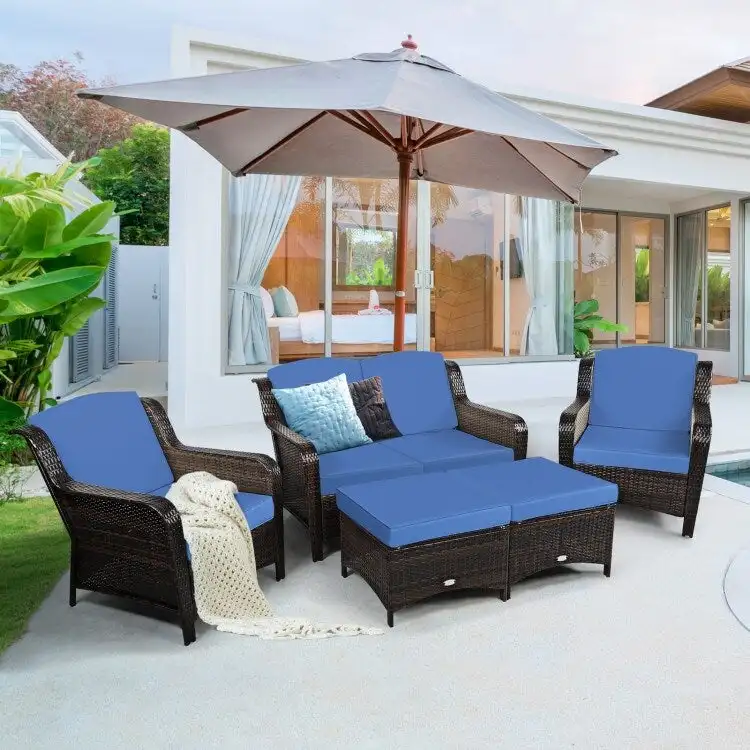 5 Pieces Patio Rattan Sofa Set with Cushion and Ottoman - 51 x 33.5 x 33 (L x W x H)