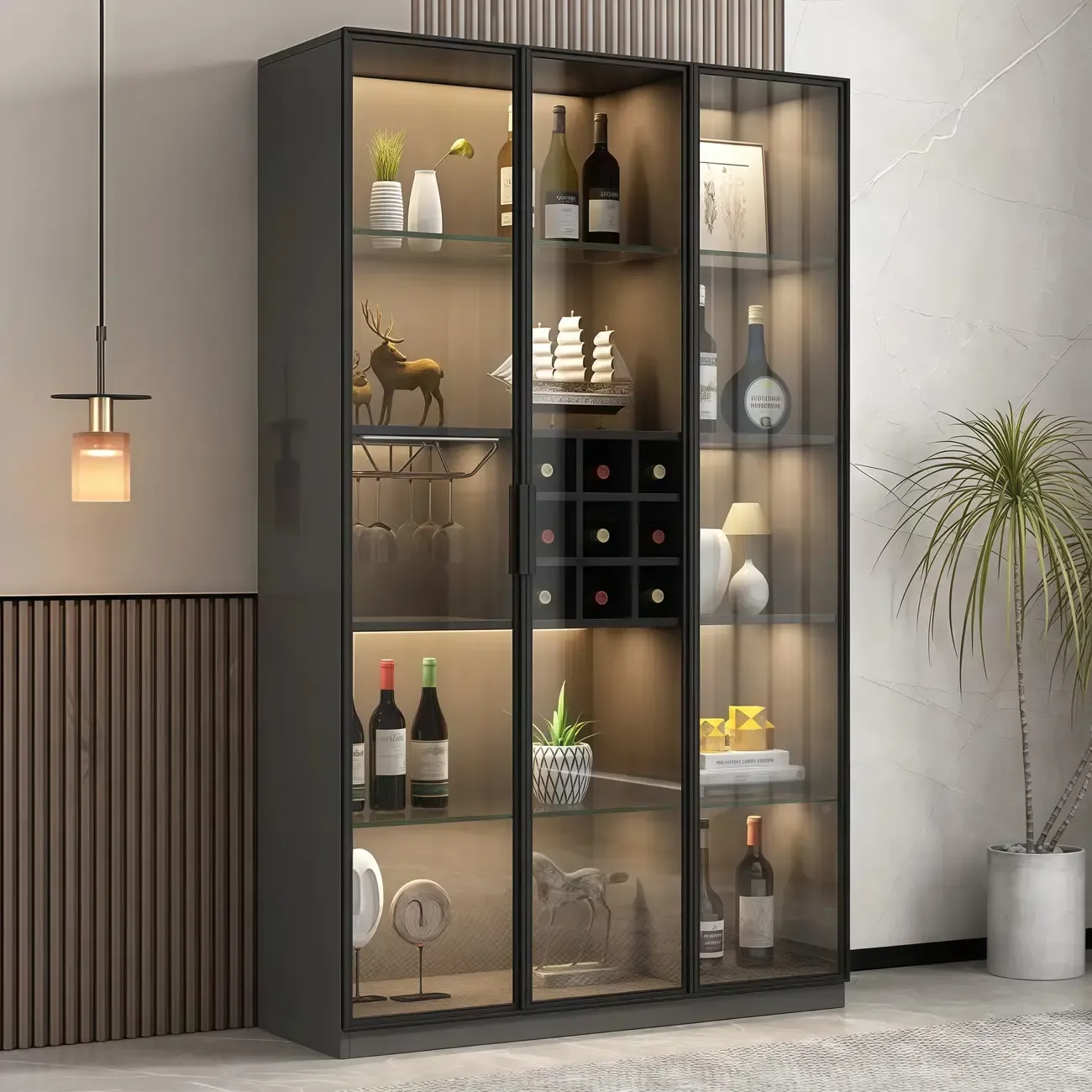 Lighting Black Wooden Floor Wine Cabinet with Glass Doors