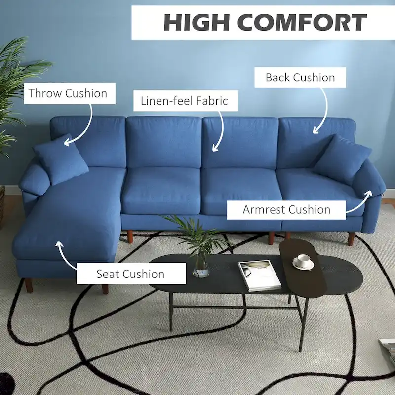 HOMCOM Fabric Sectional Couch with Reversible Sleeper Sofa, Modern L Shaped Sectional Sofa with Pillows, Wooden Legs