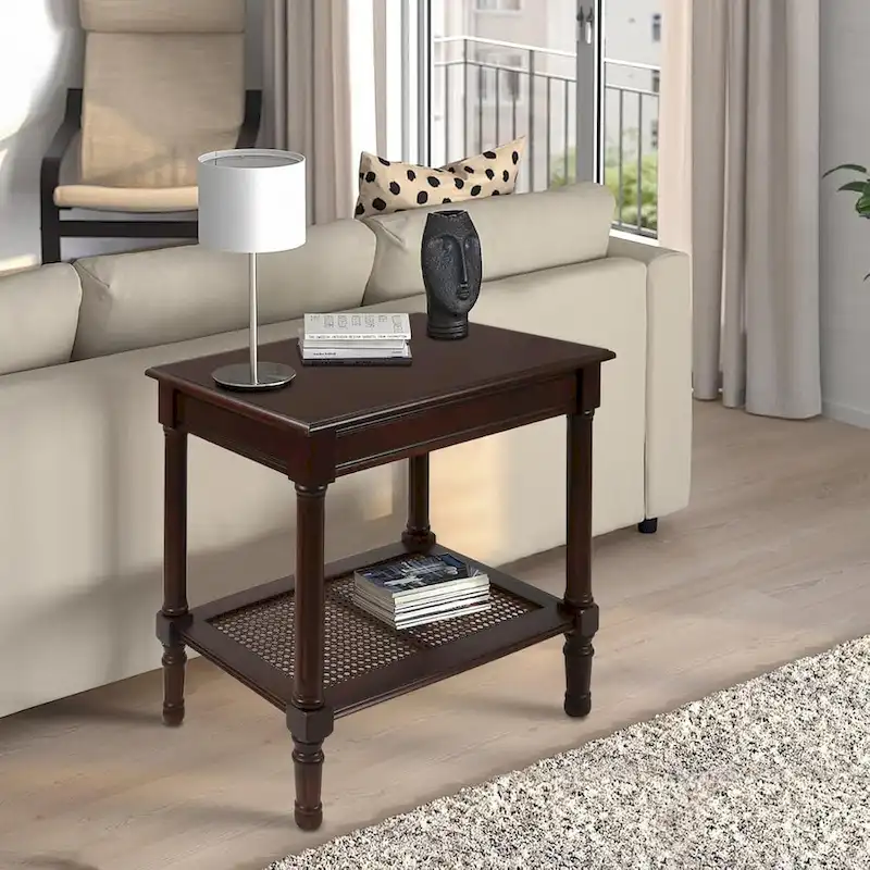 Copper Grove Reine Cream Side Table with Rattan Shelf