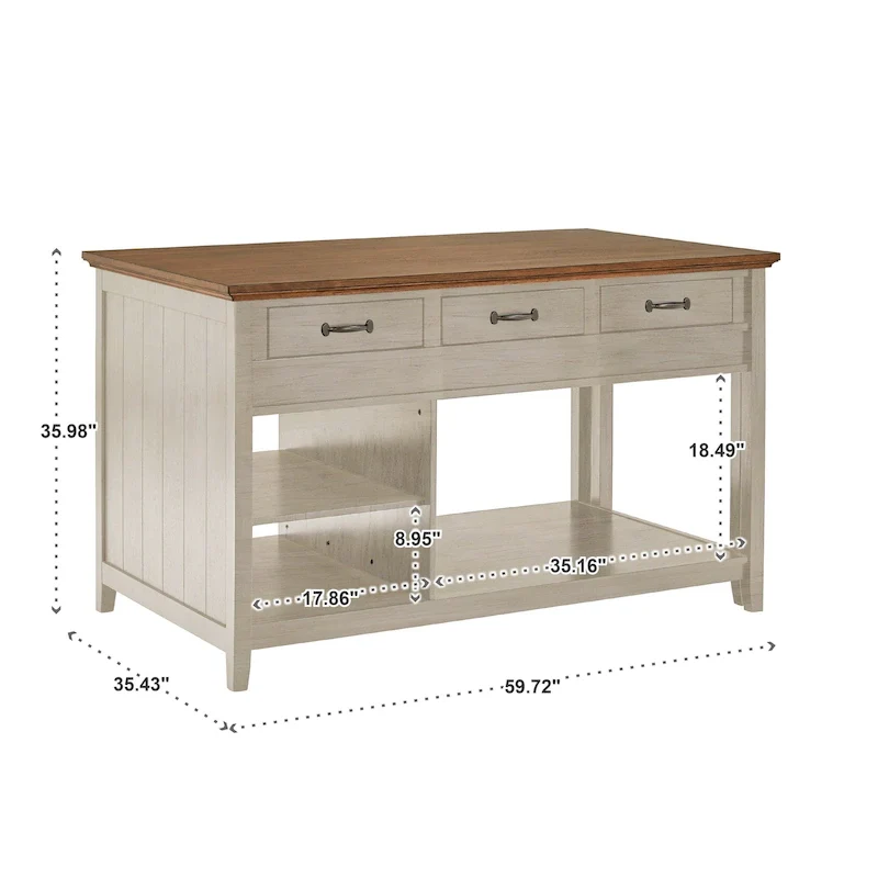Two-Tone Antique Finish Extendable Kitchen Island with 3 Drawers