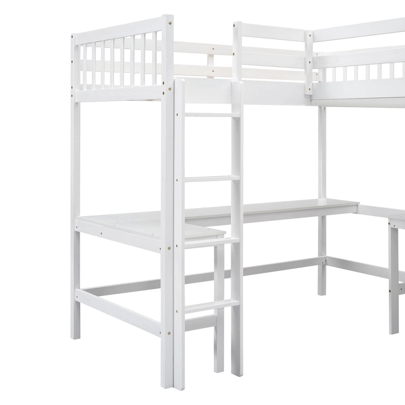 Wood Twin Size L-Shaped Loft Bed with Ladder and 2 Built-in L-Shaped Desks