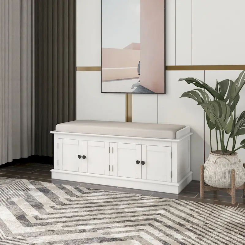 Storage Bench with 4 Doors and Adjustable Shelves, Shoe Bench with Removable Cushion
