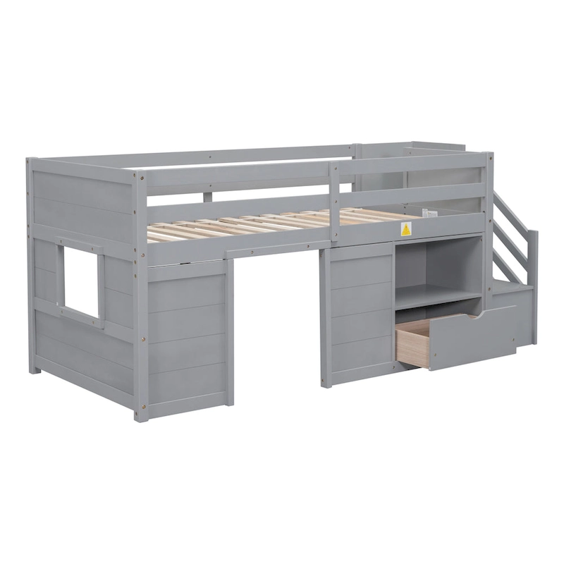 Gray Twin Solid Wood Low Loft Bed with Stair & Drawer