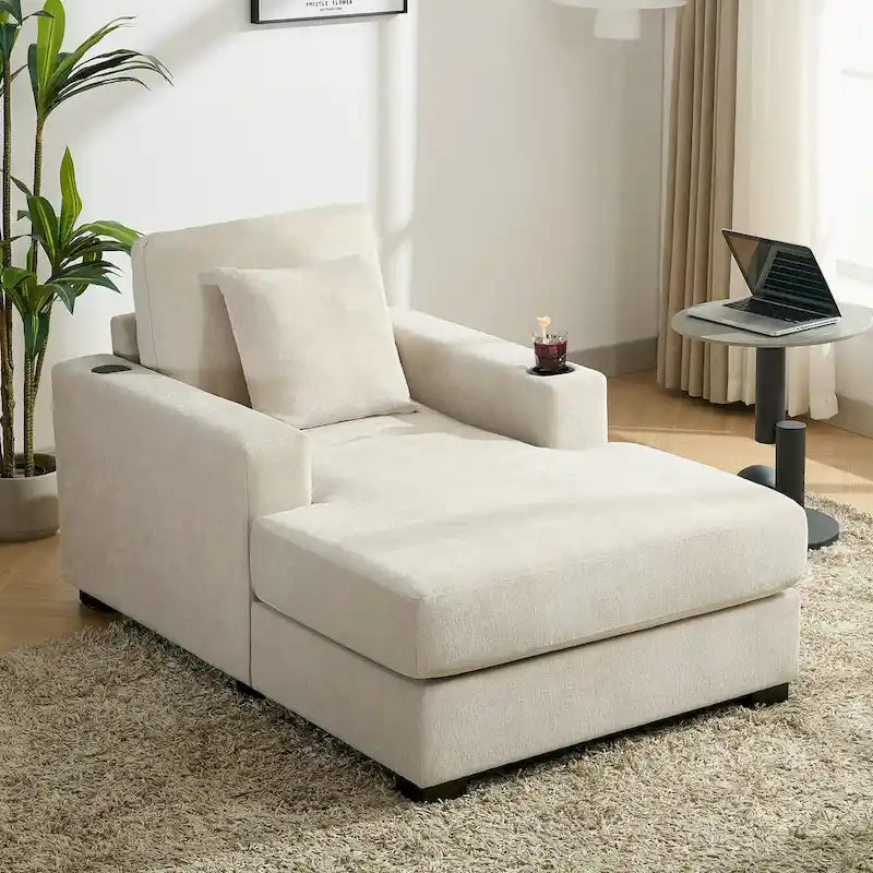 Oversized Chaise Lounger Modern Sofa Couch with Pillows, Charge Station & Cup Holders