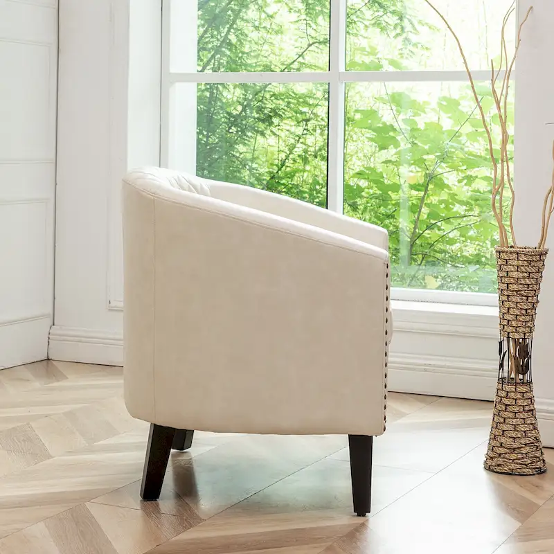 KINWELL PU Leather Tufted Barrel Chair Club Armchair with Nailheads