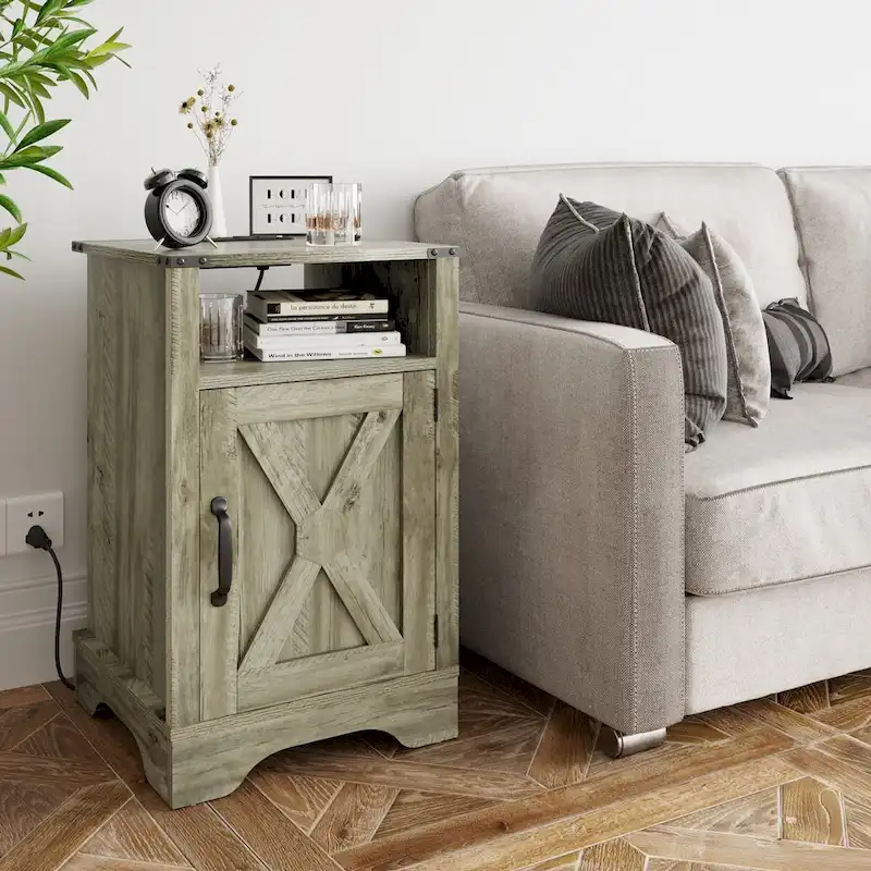 Farmhouse Nightstand with Barn Door, Built-in Charging Station and Open Shelf – White / White & Espresso / Charcoal Grey / Almond, for 1 Person