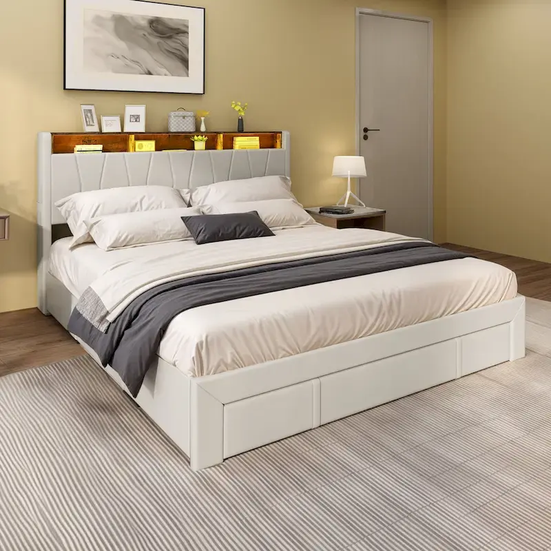 Queen Storage Upholstered Headboard Bed Frame