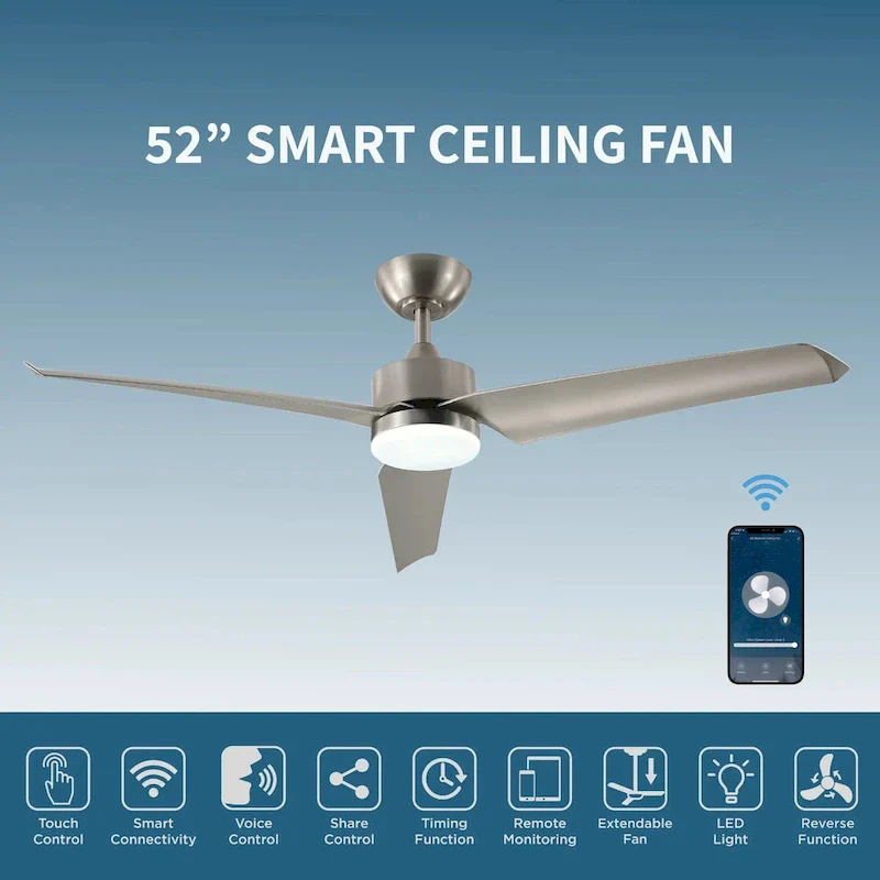 ProMounts All Seasons 52  Ceiling Fan with Light, Quiet, Alexa/Google, 3 Color LED Lights, Reversible, Satin Nickel