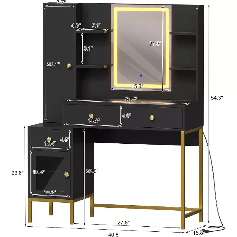 Makeup Vanity and Stool Set, White Desk with Mirror, Charging Ports, 3 Drawers, Visible Cabinet, Open Shelves, 43 Inch, For Bedroom