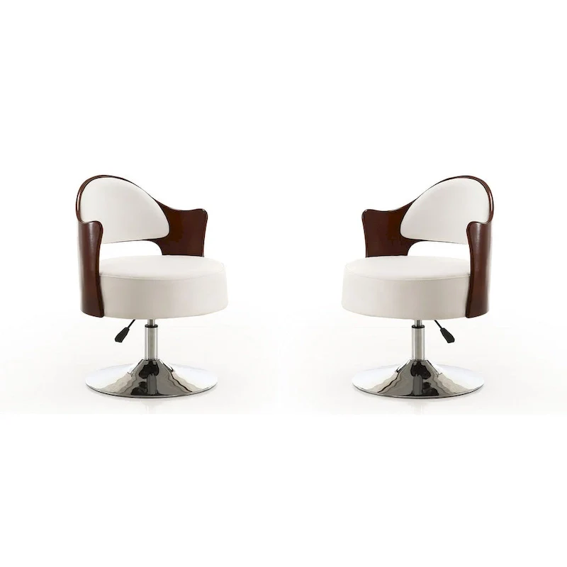 White and Polished Chrome Faux Leather Adjustable Height Swivel Accent Chair (Set of 2)