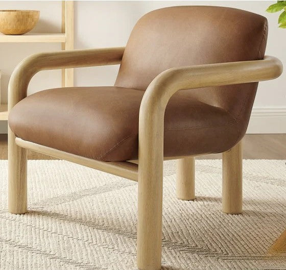 Modern Curve Wood Frame Faux Leather Accent Chair