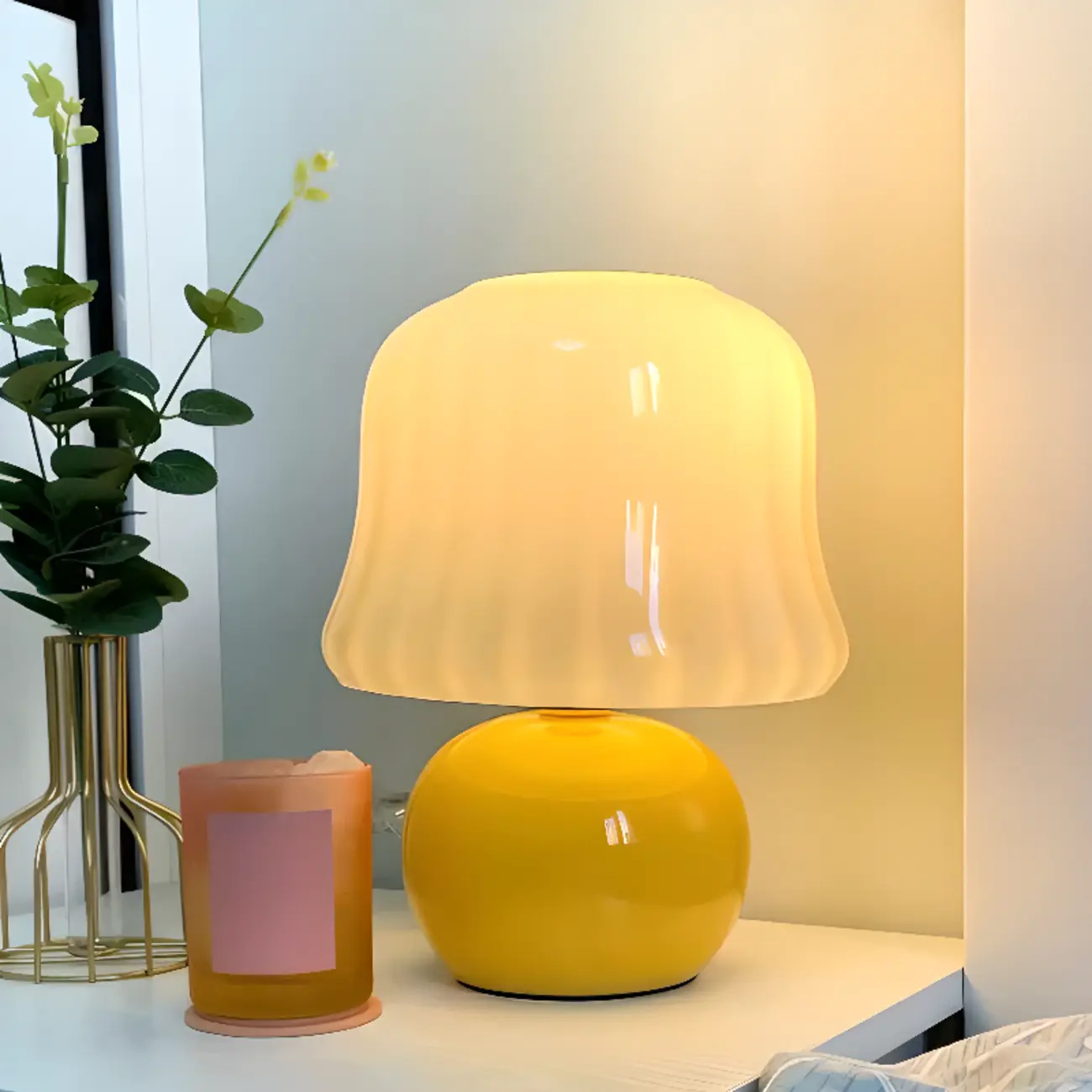 Plug-In Yellow Glass Mushroom Table Lamp for Bedside Lighting