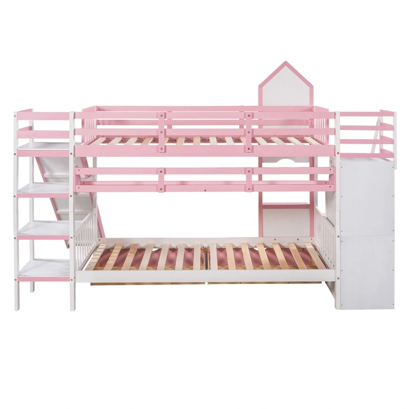 Twin-Over-Twin Castle Style Bunk Bed with Drawers,Shelves,Slide