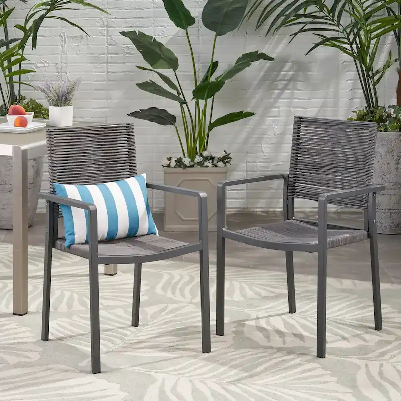 Outdoor Modern Aluminum Dining Chair with Rope Seat (Set of 2), Gray and Dark Gray