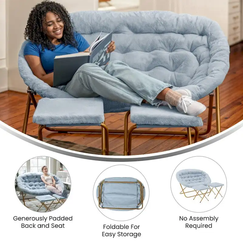 Double Folding Synthetic Fur Saucer Chair with 2 Ottomans