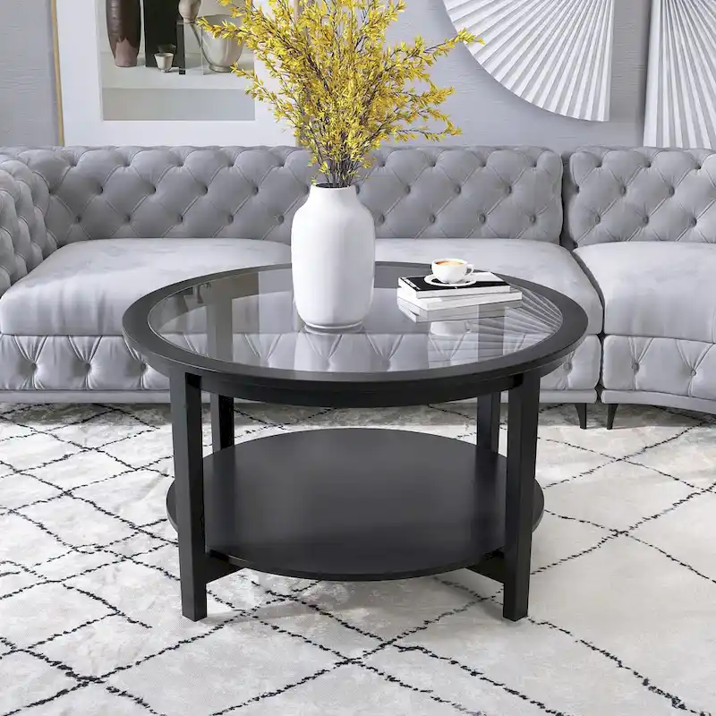 36 in. Modern Black Round Solid Wood Glass Top Storage Coffee Table for Office Living Room - 36 in. W X 36 in. L X 20 in. H