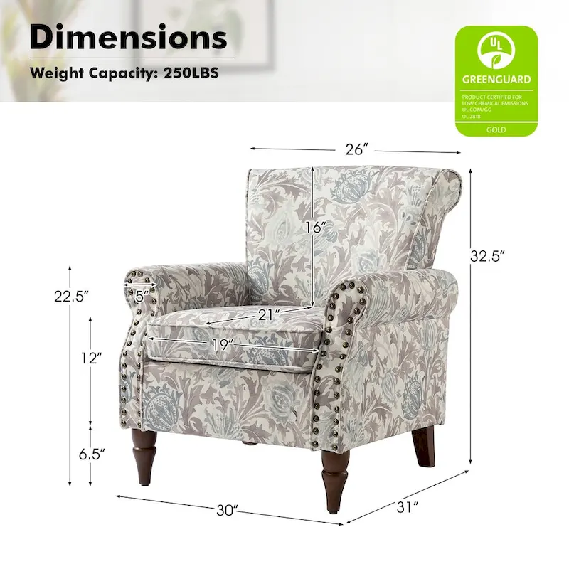 Nyctelius Traditional Polyester Accent Chair with Rolled Arms and Nailhead Trim by HULALA HOME