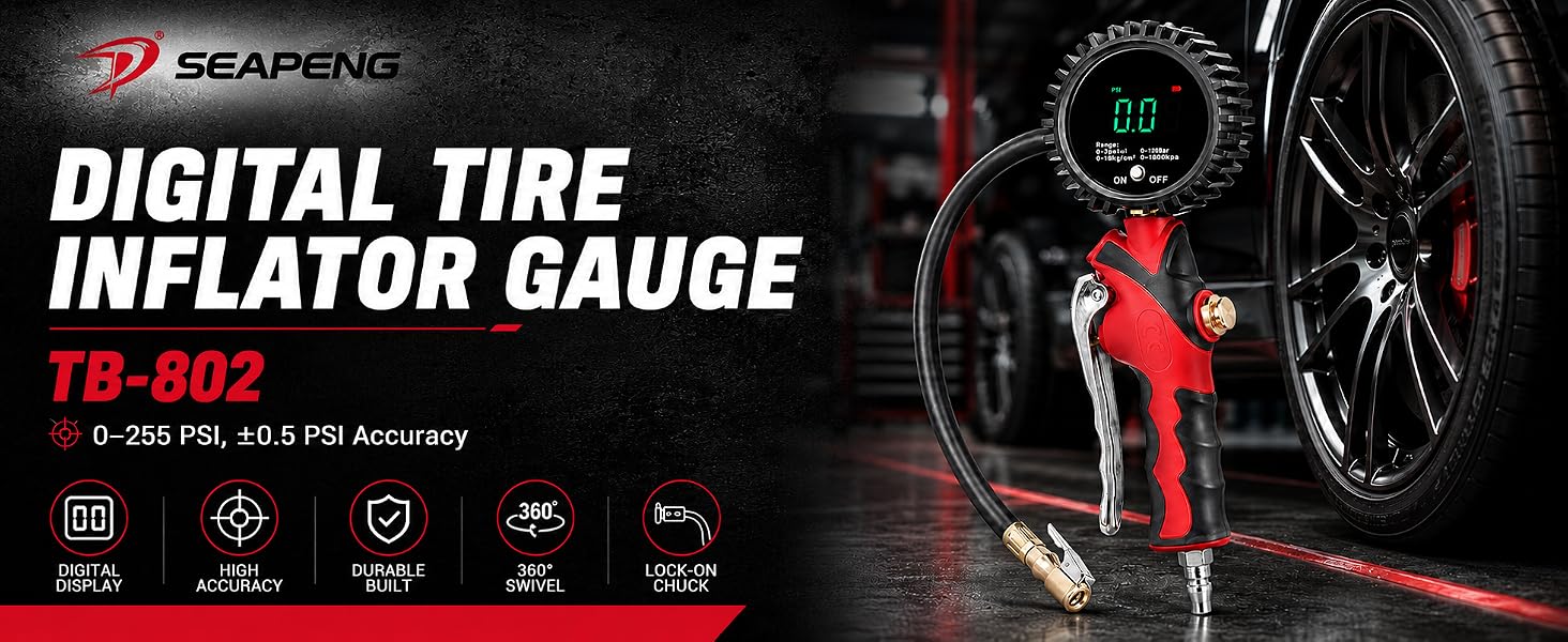 SEAPENG TB-802 automatic tire inflator with digital pressure display.