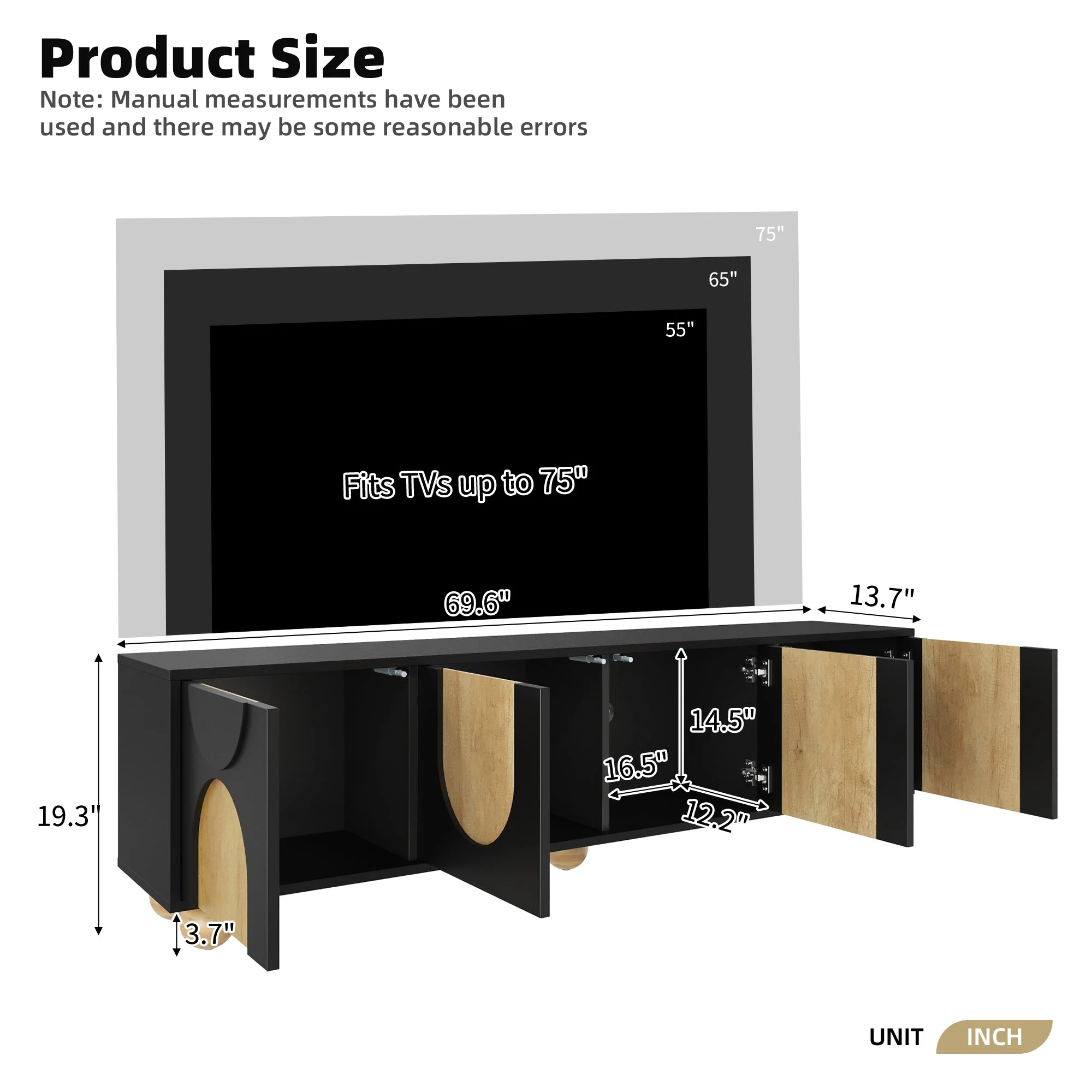 Modern Curve Shape Two Tone 69.6' TV Stand with Ball Feet Detail