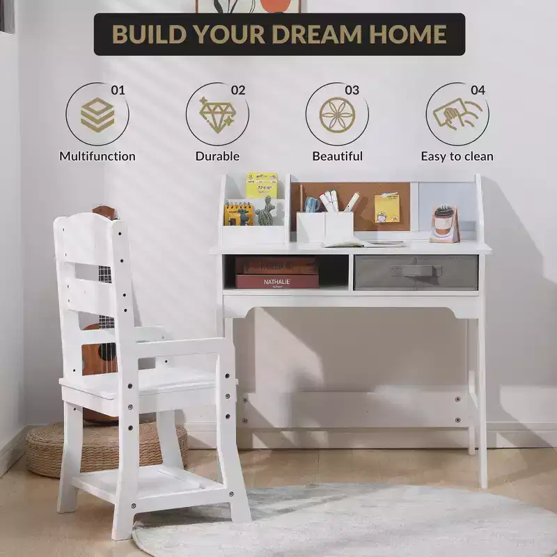 COZONY Kids Study Table Set with Adjustable Chair, Study Desk with Hutch, Bulletin Board, 2 Drawers, 2 Pen Holders