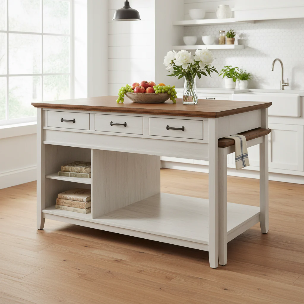 Two-Tone Antique Finish Extendable Kitchen Island with 3 Drawers