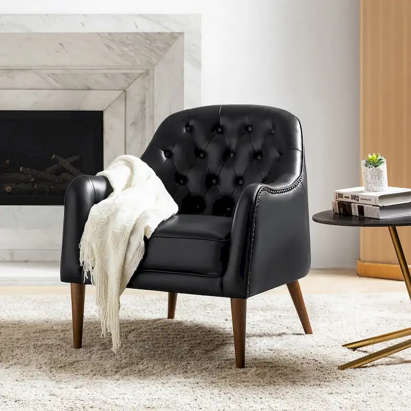Melisa Classic Genuine Leather Wood Legs Barrel Chair With Tufted Back By HULALA HOME