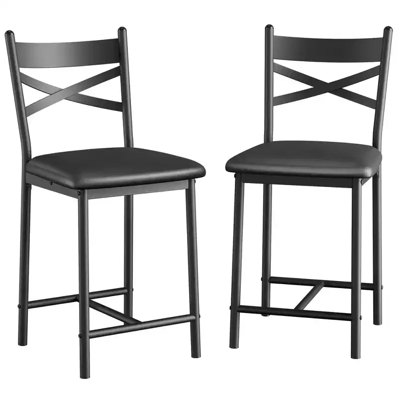 Set of 2 Counter Height Bar Stools, PU Leather Upholstered Seats with X-Back Metal Frame, Stylish Kitchen Island & Dining Room Chairs