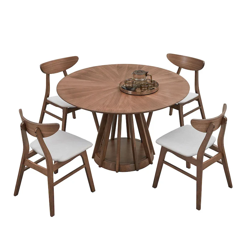 5 Pcs Solid Wood Dining Table Set, Round Kitchen Furniture Set with Wooden Pedestal Kitchen Table and 4 Upholstered Chairs