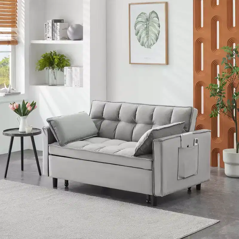 MAYEERTY Modern Velevt Loveseat Sleeper Sofa Couch Pull Out Bed with Toss Pillows Pockets for Living Room Bedroom Gray
