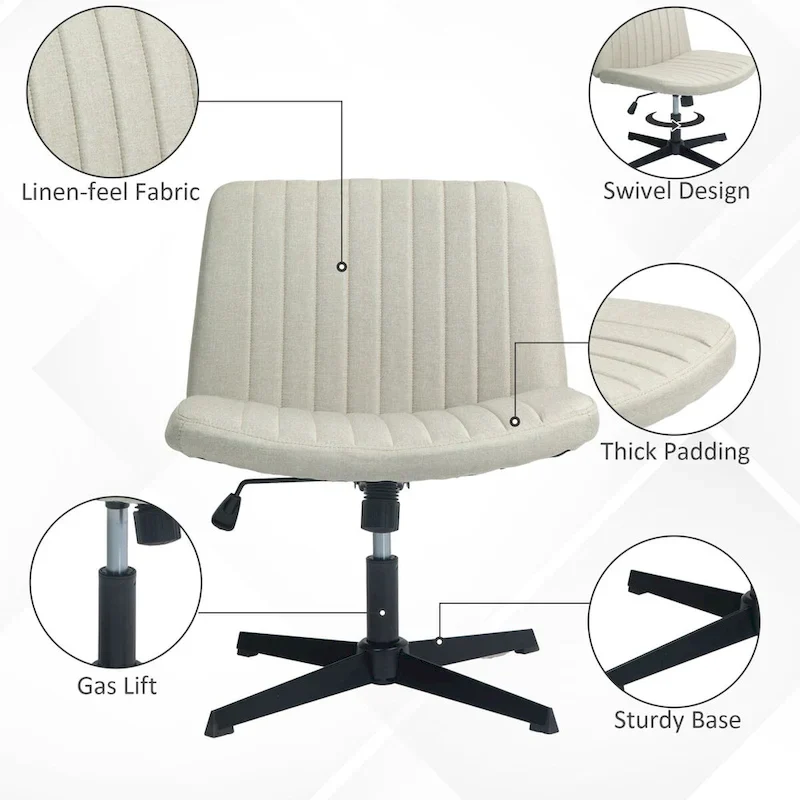 HOMCOM Wide Office Chair, Armless Office Desk Chair, Computer Fabric Vanity Chair with Adjustable Height