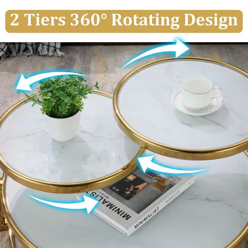 Round Tempered Glass Coffee Table with 3 Tiers 360 Degrees Rotating Top