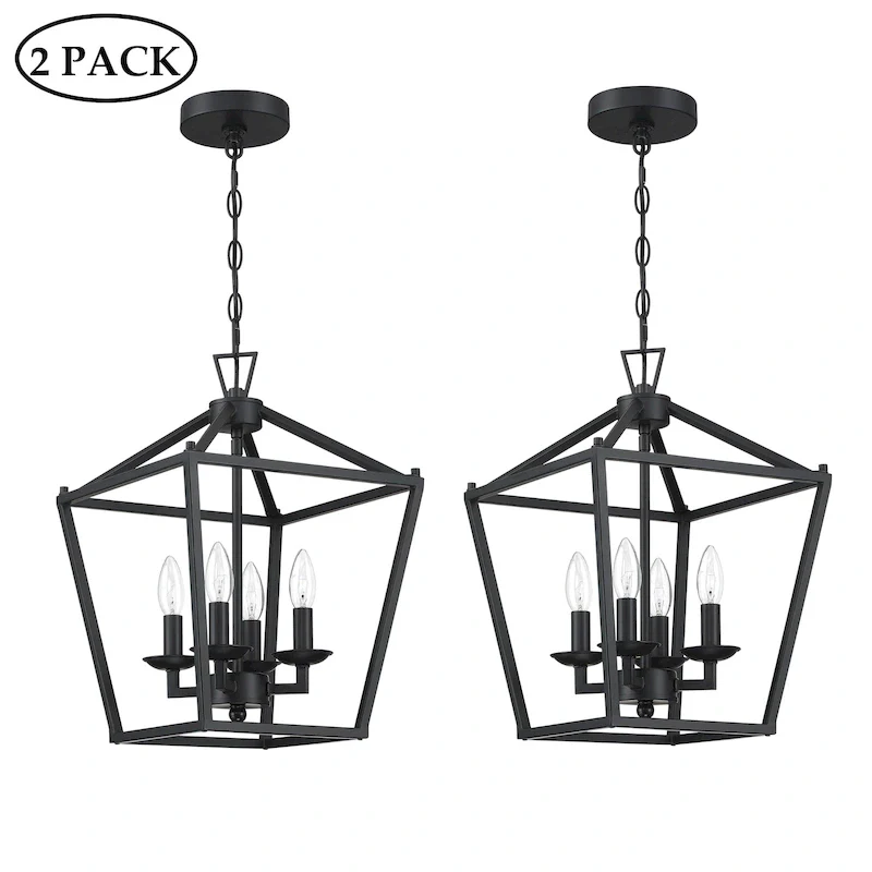 2-PK 12 in.4-light Geometric Lantern Chandelier with Matte Black finish/Soft gold finish