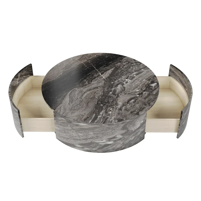 Modern Faux Marble Round Coffee Table Center Table with 2 Drawers, Fully Assembled