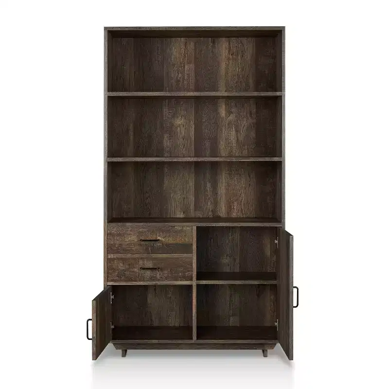 HOMES: Inside + Out 69.8" Tappan Bookcase with Cabinet Reclaimed Oak: Farmhouse Style, 5 Shelves, 2 Drawers
