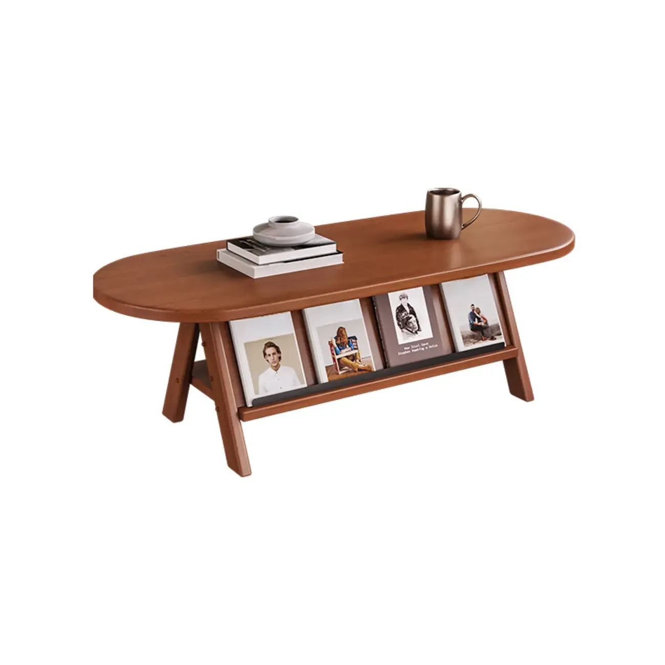 Classic Wooden Oval Coffee Table with Tilt Shelf