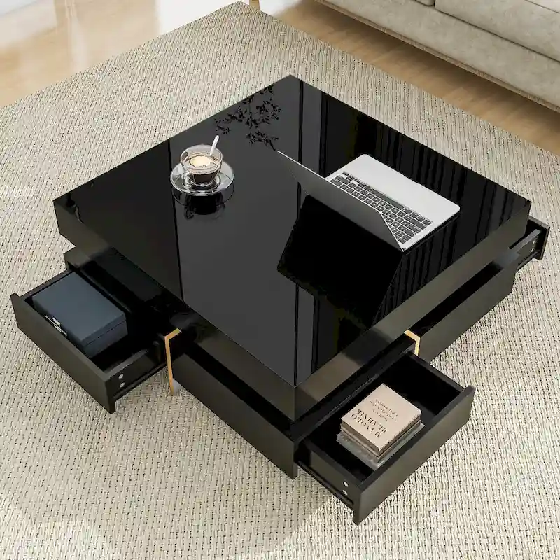 High Gloss Coffee Table with 4 Drawers - 2-Tier