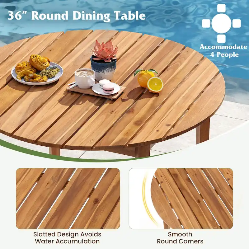 Round Outdoor Dining Table for 4 People 36 inch Acacia Wood - See Details