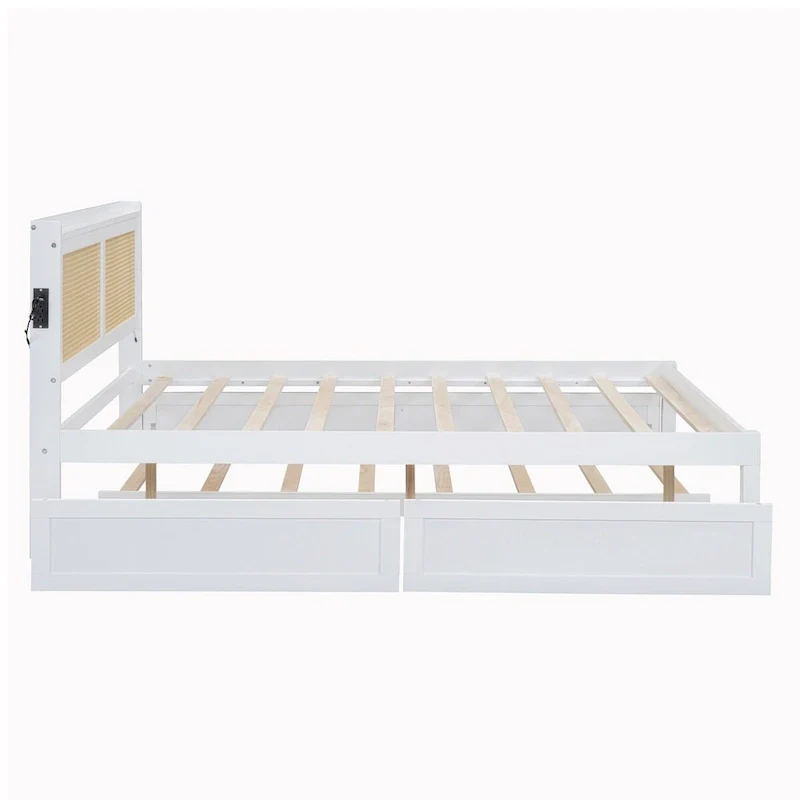Elegant Bed Frame with Rattan Headboard and Sockets