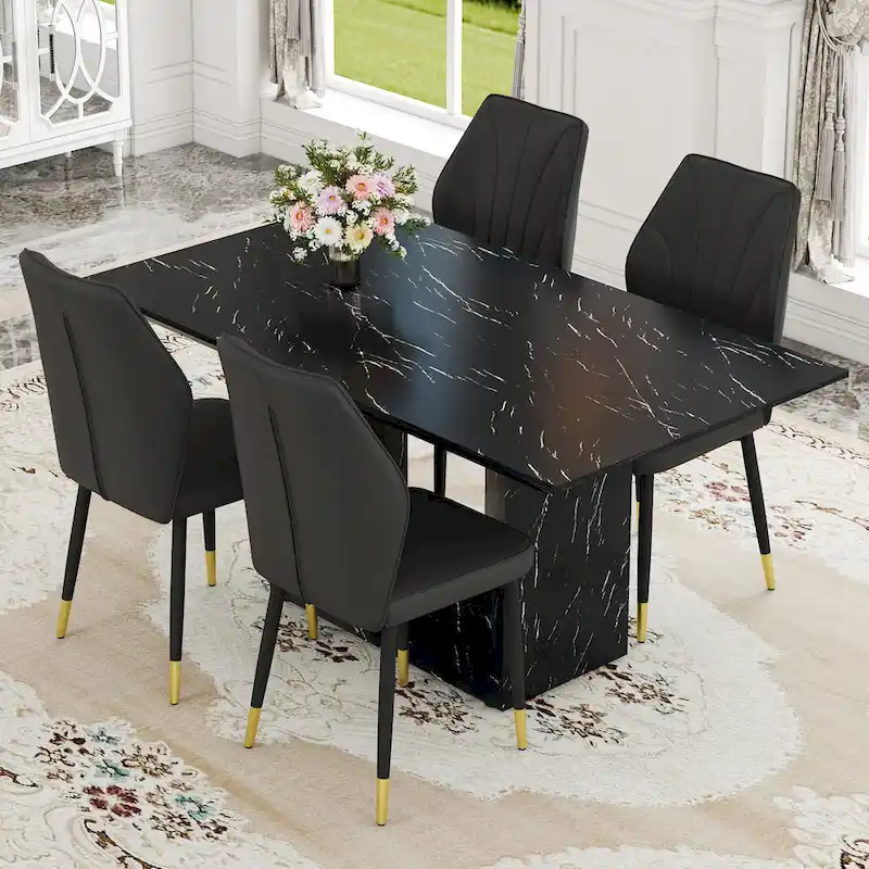 Black Marble Pattern Dining Set - 5 Piece with 4 PU Chairs (63