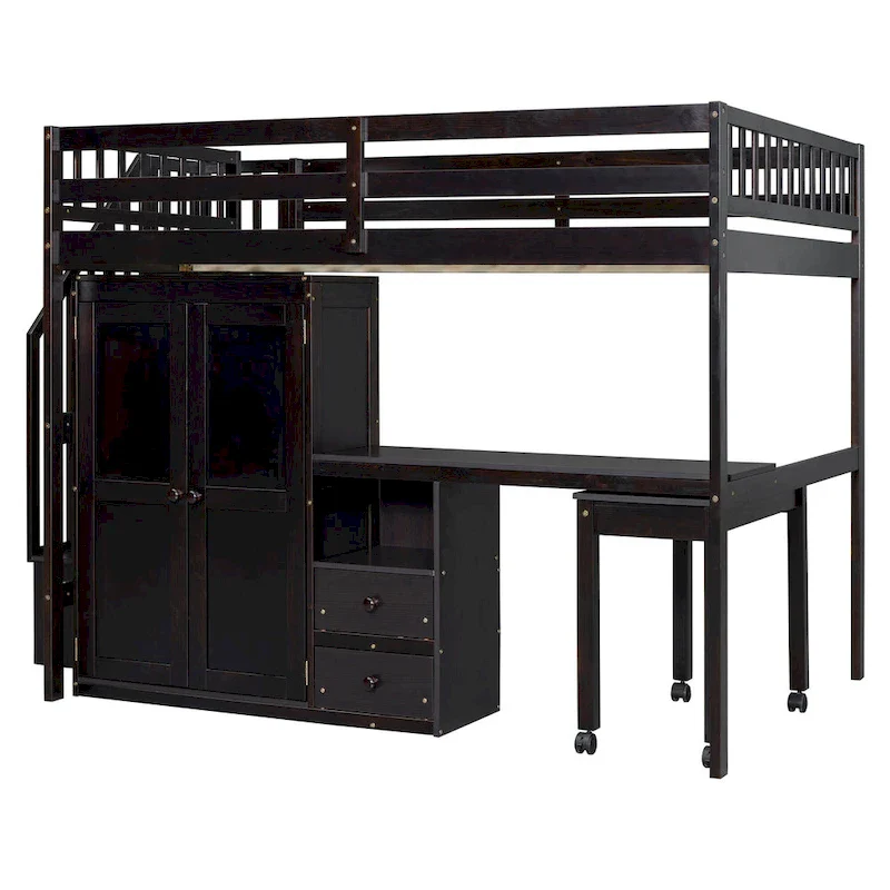 Full Loft Bed with Stairs, Built-in Desk & 5-in-1 Storage
