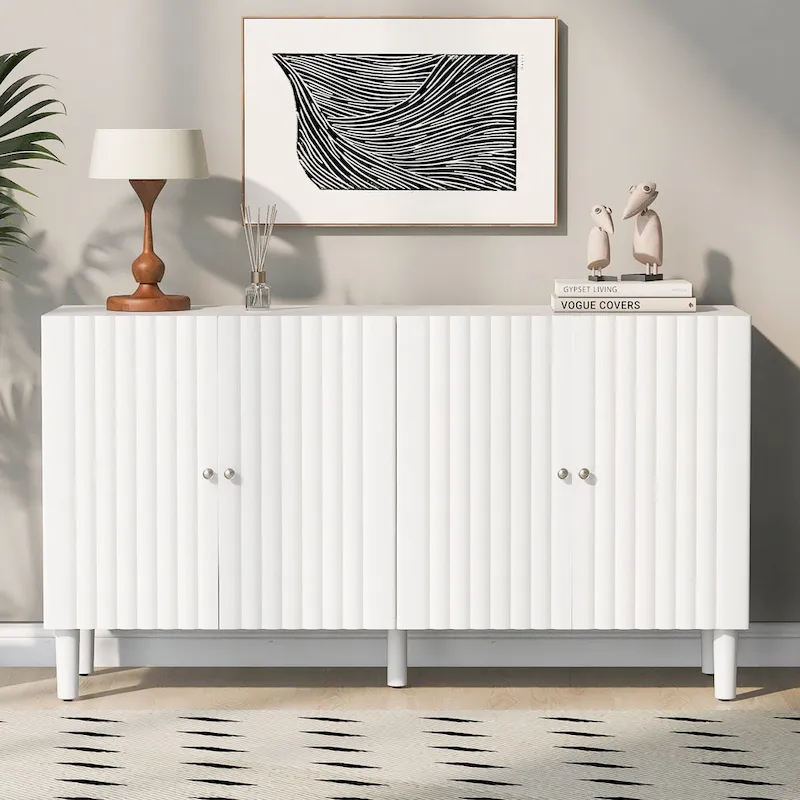 Elegant Four-Door Sideboard with Wavy Pattern Doors, Cylindrical Legs, and Sleek Metal Handles, Adjustable, for Living Room
