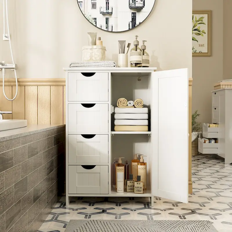 Wooden Bathroom Cabinet, Freestanding Storage Cabinet with 4 Drawers and 1 Cupboard