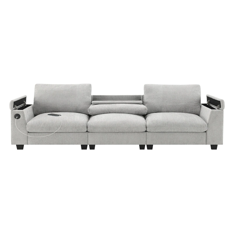 96 Chenille Smart Sectional Sofa with Bluetooth Speaker, Drop-Down Table & USB Charger and 3-Seater Cloud Couch