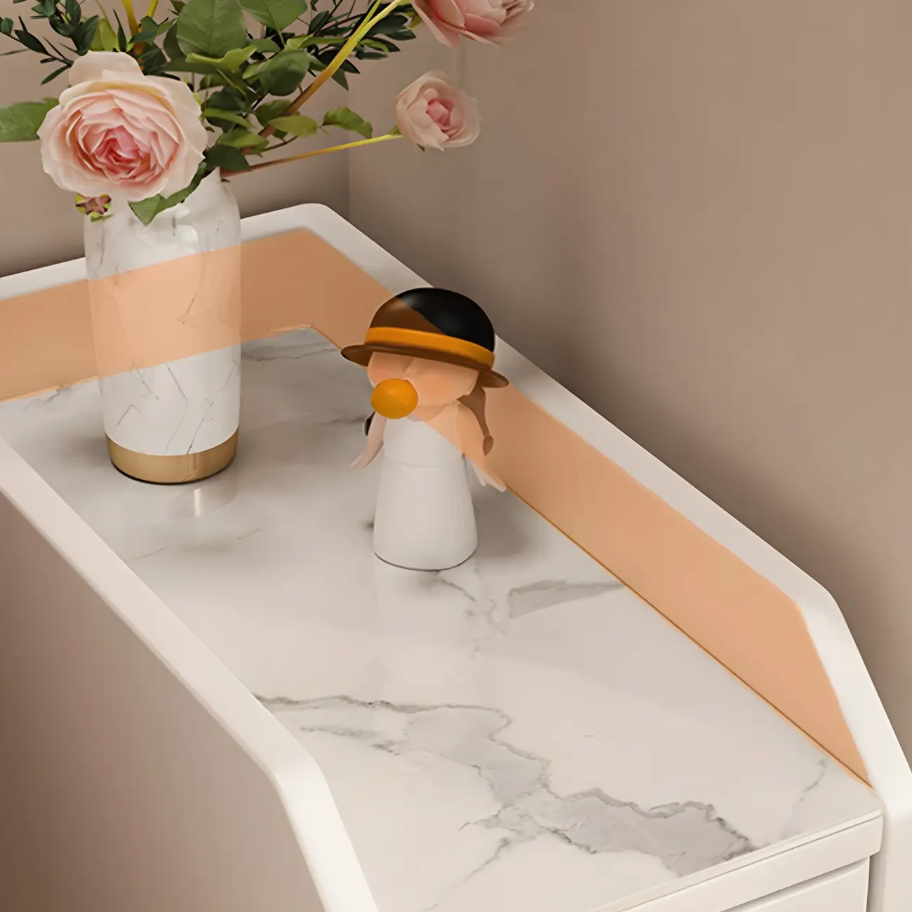 Narrow Faux Leather Drawer Nightstand with Stone Countertop