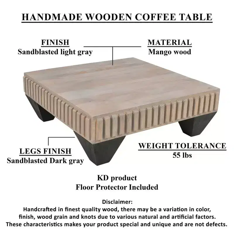 Royal Hampton Tokyo Inspired 36 Inch Square Mango Wood Coffee Table-Handcrafted with Elegant Sandblasted Gray Finish and Tapered Legs