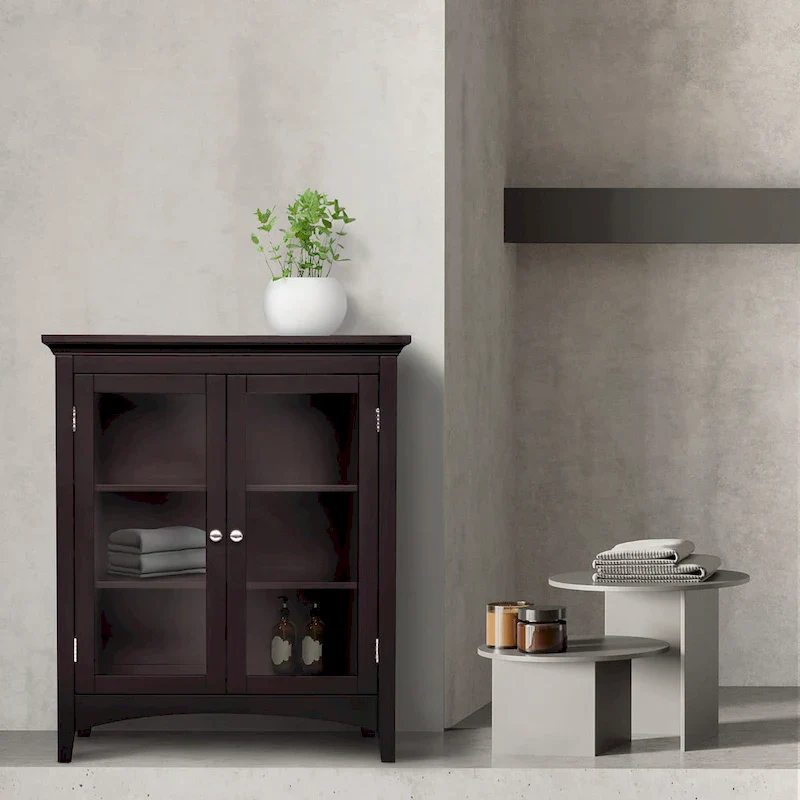 Espresso Finish Traditional Floor Cabinet with 2 Glass-Panel Doors & Adjustable Shelves